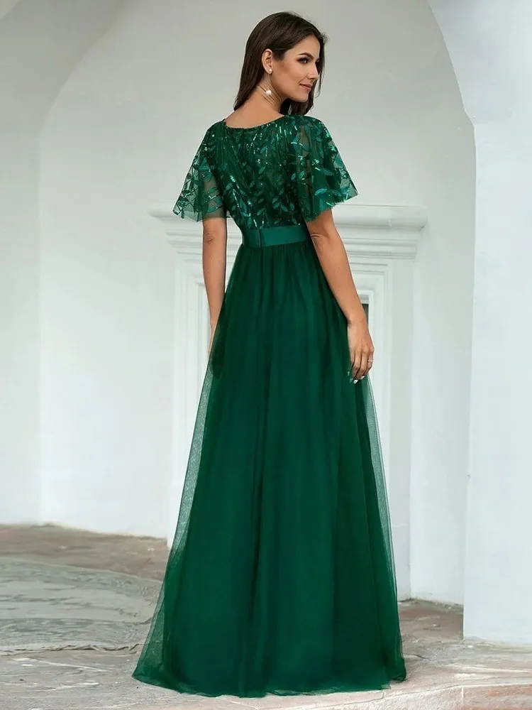 Smaragdové společenské šaty "Celeste" s krátkým rukávkem - vel. 38