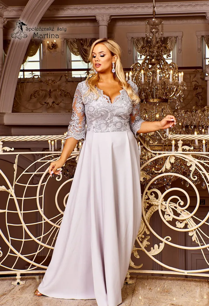 Šedé dlouhé společenské šaty "Roxy" s 3/4 rukávem - vel. 40