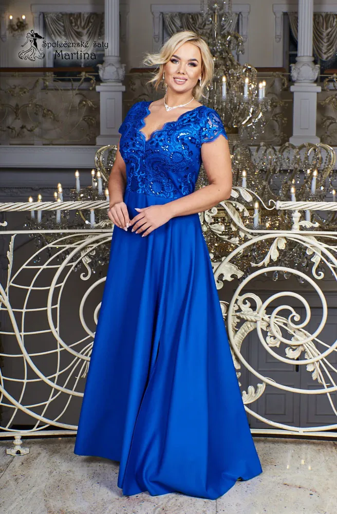 Královsky modré dlouhé společenské šaty "Roxy" s krátkým rukávkem - vel. 52