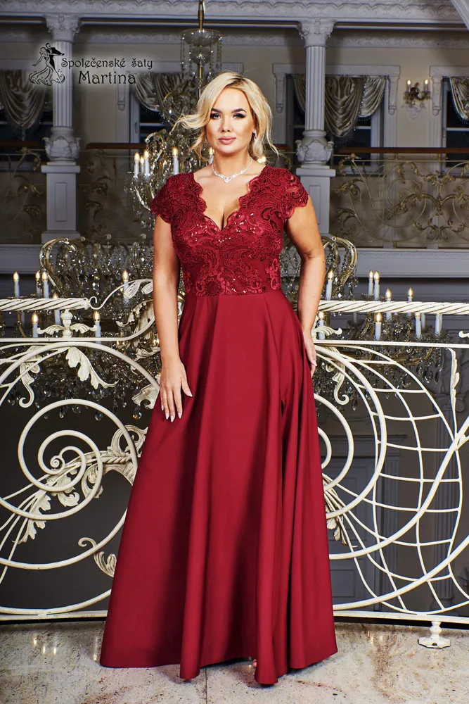 Vínové dlouhé společenské šaty "Roxy" s krátkým rukávkem - vel. 44