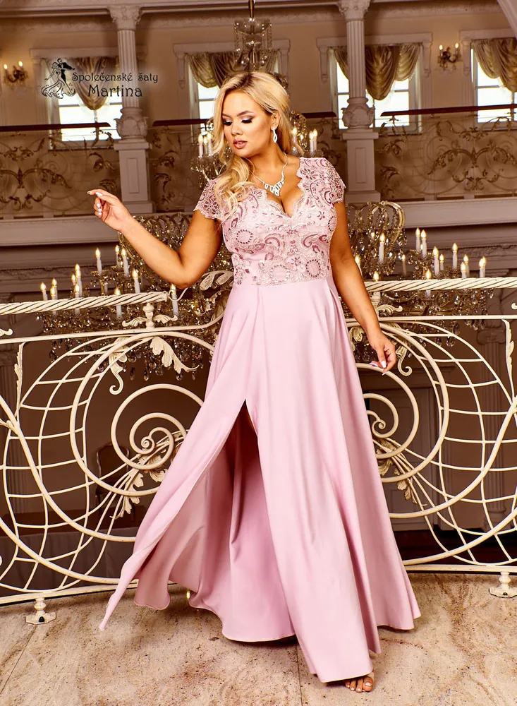 Pastel pink dlouhé společenské šaty "Roxy" s krátkým rukávkem - vel. 54