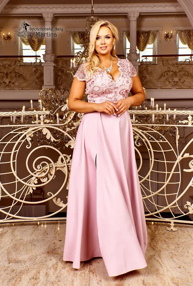 Pastel pink dlouhé společenské šaty "Roxy" s krátkým rukávkem - vel. 54
