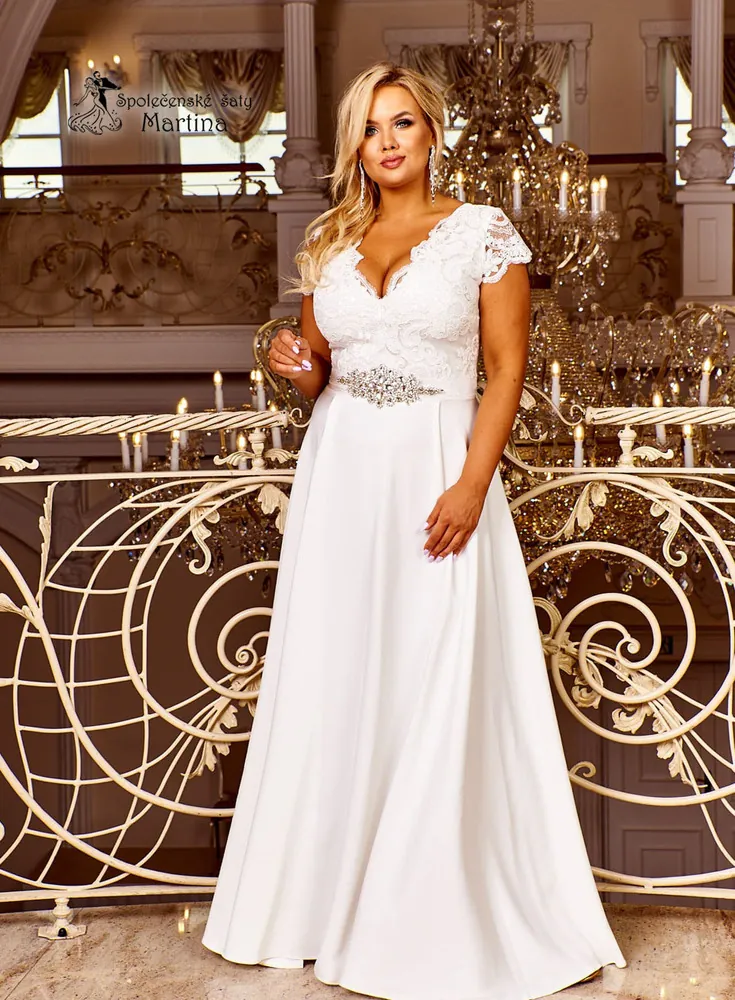 Dlouhé ecru svatební šaty "Roxy" s krátkým rukávkem - vel. 44