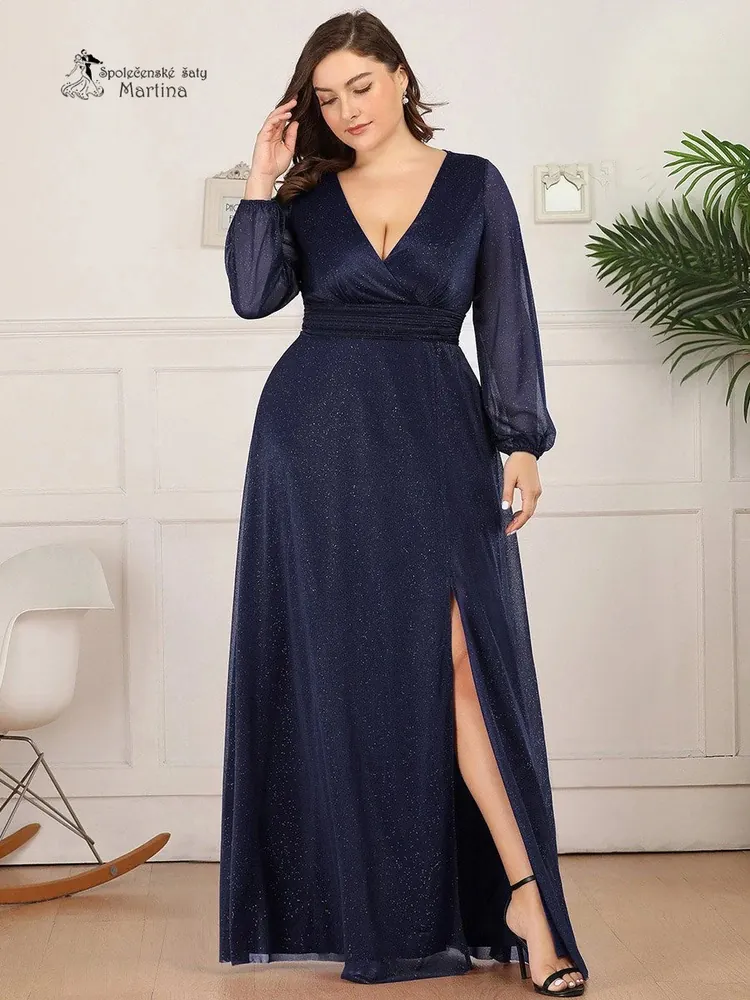 Tmavě modré společenské šaty "Toreen" s dlouhými rukávy - vel. 50