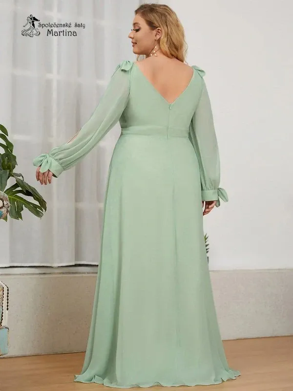 Zelenkavé společenské šaty "Allison XXL" s dlouhými rukávy