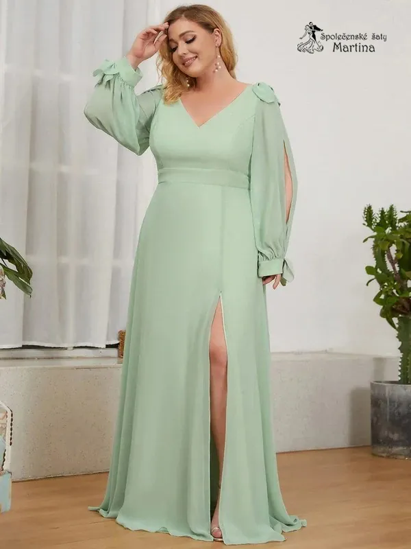 Zelenkavé společenské šaty "Allison XXL" s dlouhými rukávy
