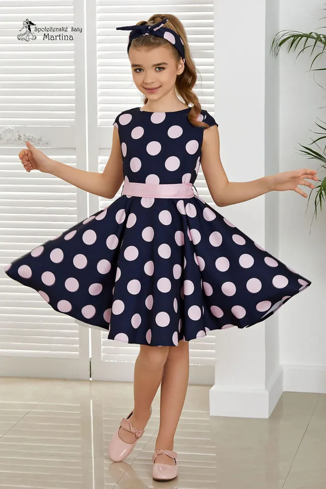 Tmavě modré retro šaty s růžovými puntíky "Marabella" - vel. 110