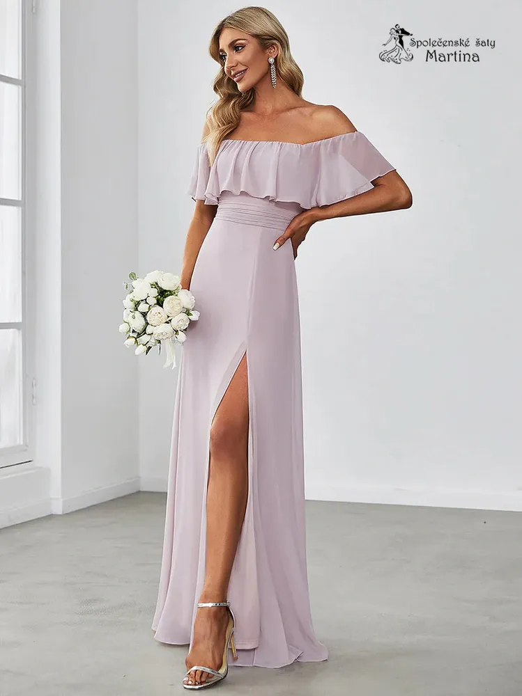 Pudrovo-fialkové šaty pro družičky "Alma" se spadenými rukávy - vel. 36