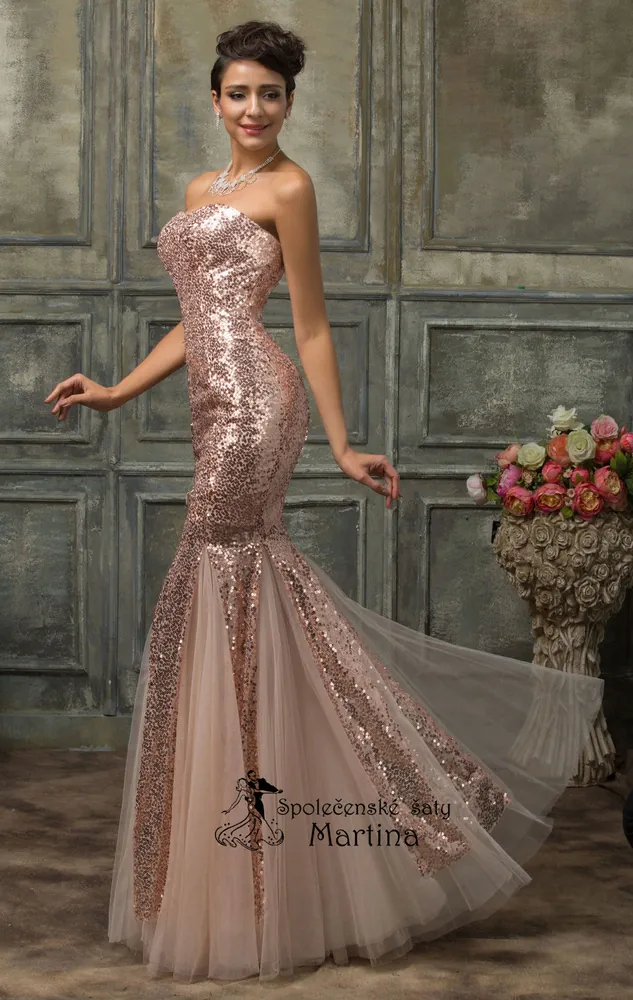 Bronzové flitrové společenské šaty trumpetového střihu "Janelle" - vel. 36