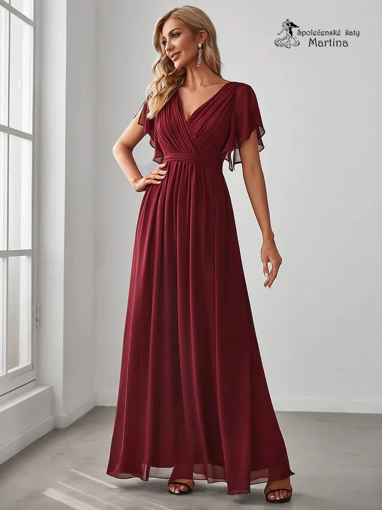 Vínové společenské šaty či pro svatebního hosta "Katherine" s volnými rukávy - vel. 38