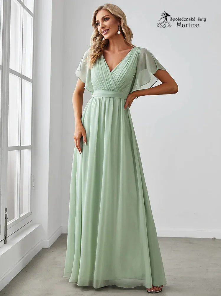 Pistáciové společenské šaty či pro svatebního hosta "Katherine" s volnými rukávy - vel. 36