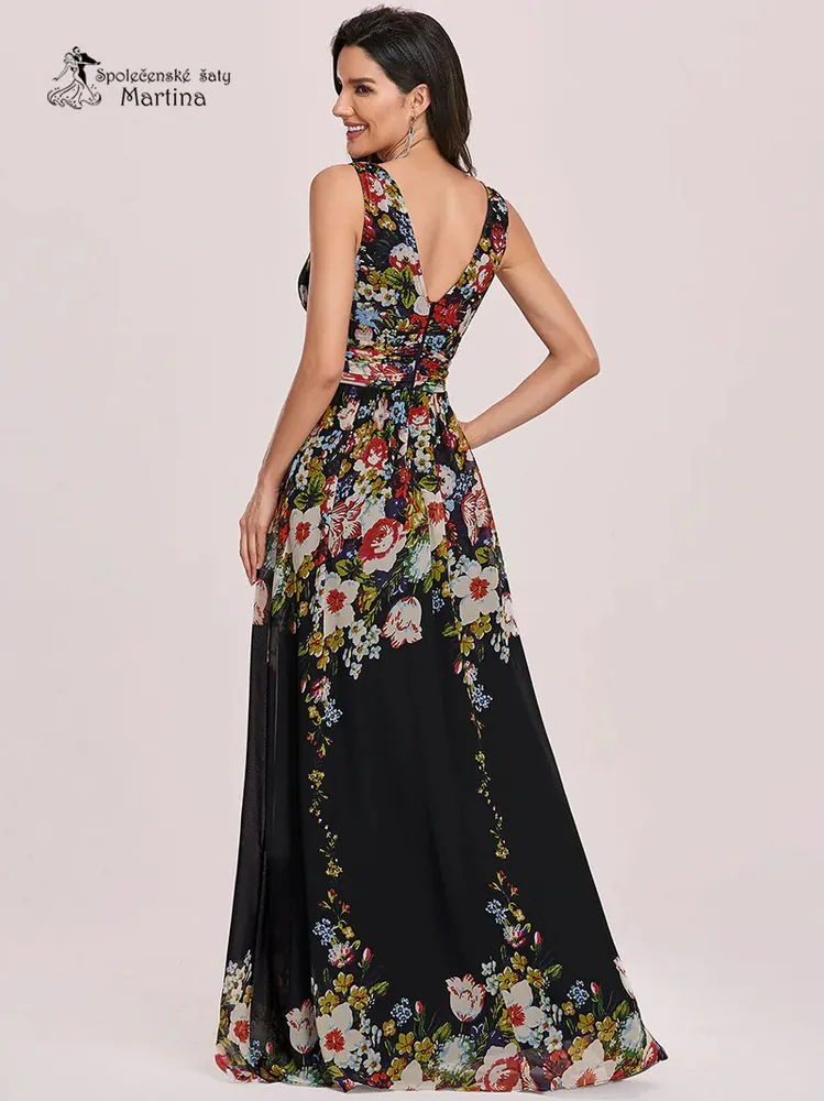 Černé dlouhé šaty s potiskem květin na široká ramínka "Maggie" - vel. 40
