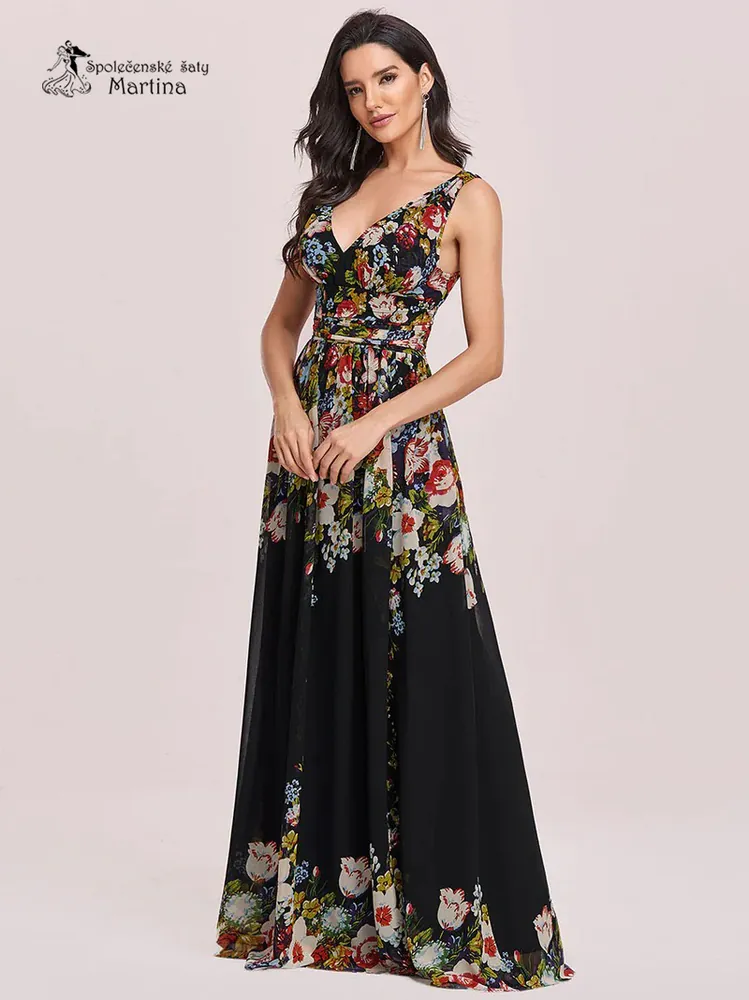 Černé dlouhé šaty s potiskem květin na široká ramínka "Maggie" - vel. 40