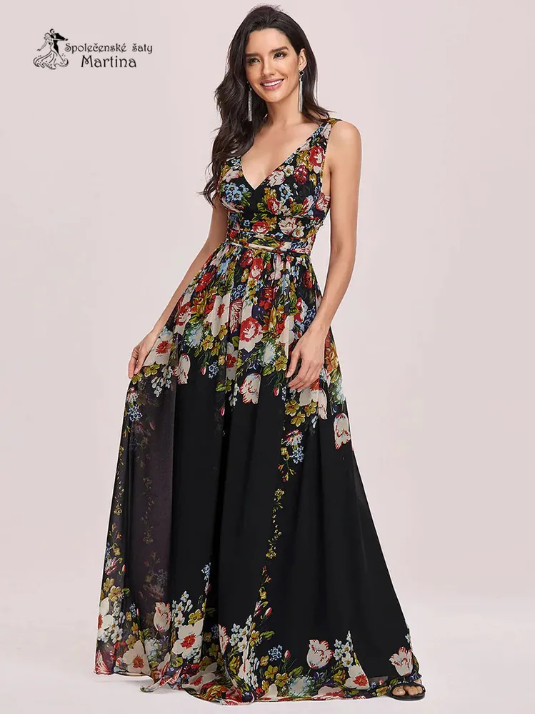 Černé dlouhé šaty s potiskem květin na široká ramínka "Maggie" - vel. 40