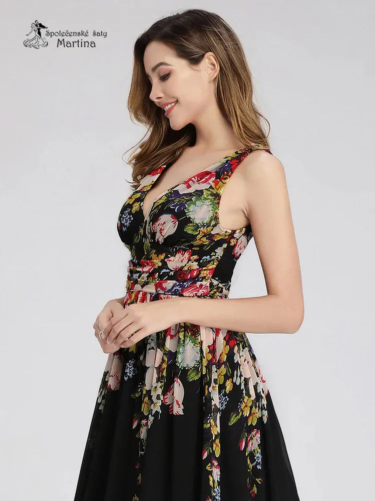 Černé dlouhé šaty s potiskem květin na široká ramínka "Maggie" - vel. 40