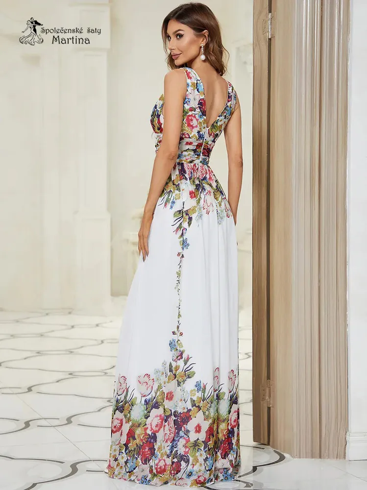 Bílé dlouhé šaty s potiskem květin na široká ramínka "Maggie" - vel. 34