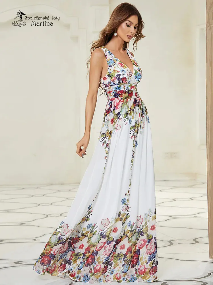 Bílé dlouhé šaty s potiskem květin na široká ramínka "Maggie" - vel. 34