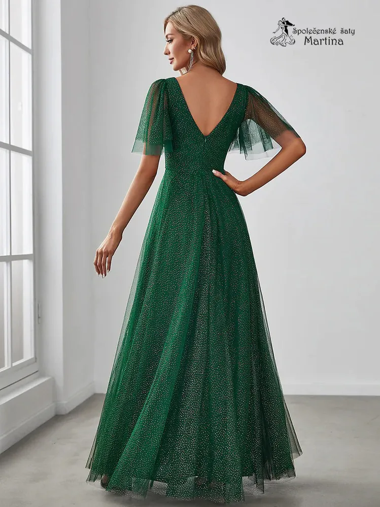Třpytivé lahvově zelené šaty "Marisela" z jemného tylu - vel. 36