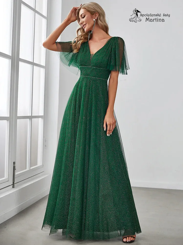 Třpytivé lahvově zelené šaty "Marisela" z jemného tylu - vel. 36