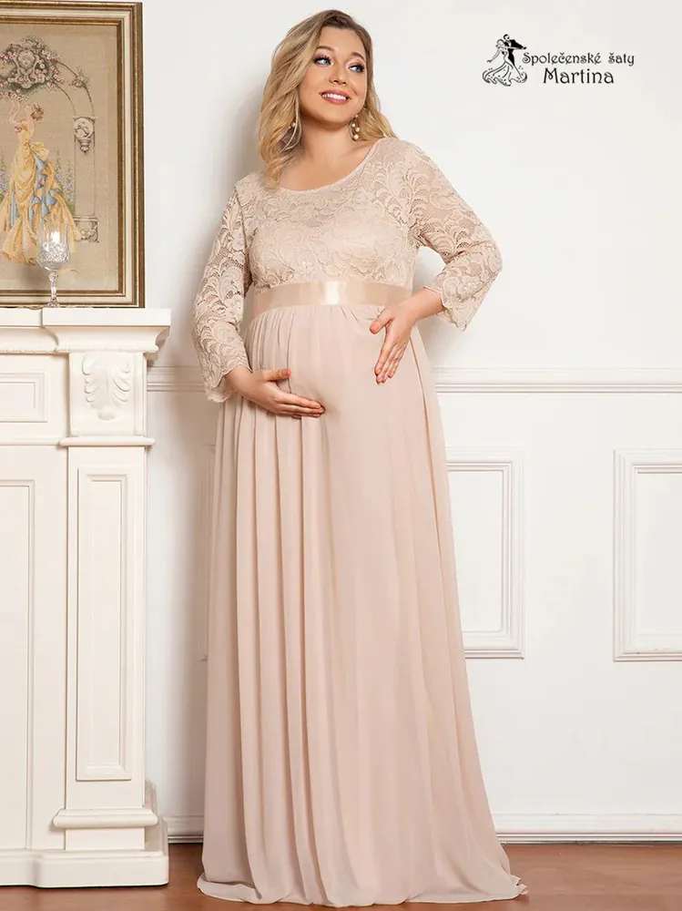 Pudrové těhotenské šaty "Avila" s krajkovým živůtkem - vel. 52