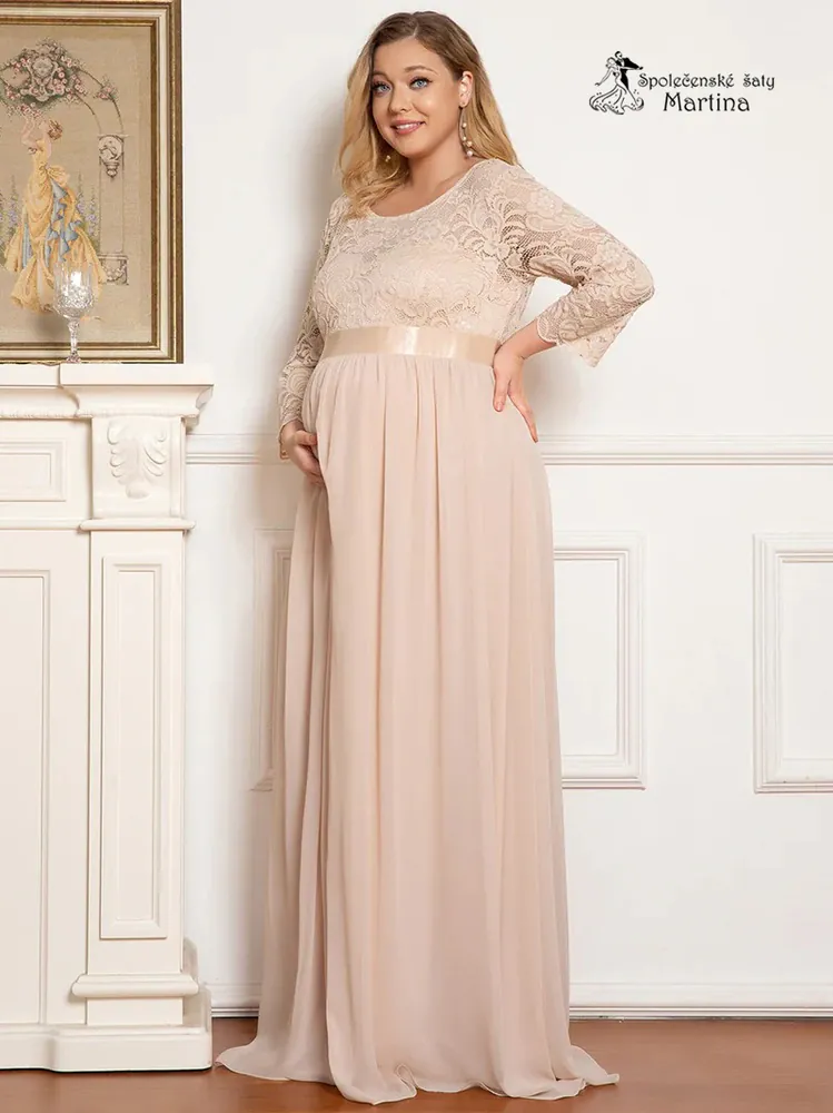 Pudrové těhotenské šaty "Avila" s krajkovým živůtkem - vel. 52