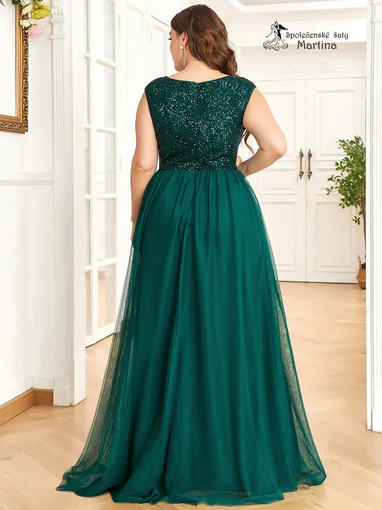 Zelené tylové šaty "Kaety" s flitrovým živůtkem a širokými ramínky - vel. 52