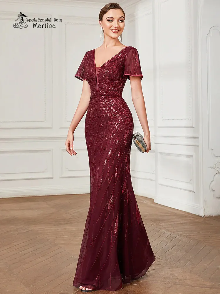 Vínové, flitry vzorované bodycon šaty "Jadyn" s krátkým rukávem - vel. 38