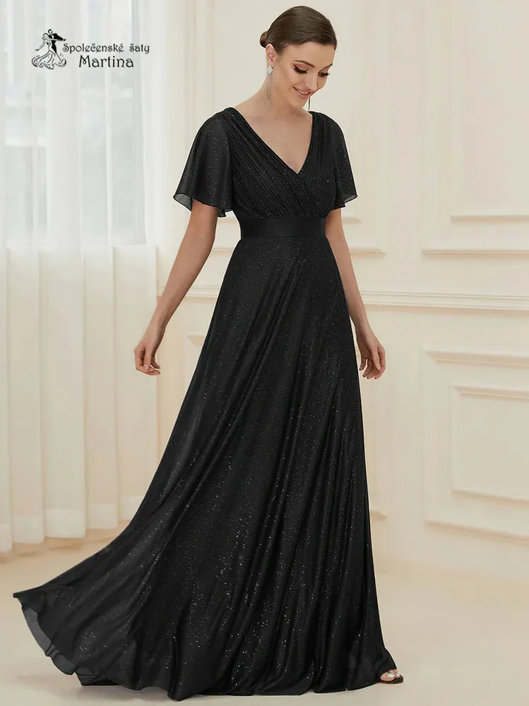 Černé jemně třpytivé společenské šaty s volnými rukávy "Darien" - vel. 34