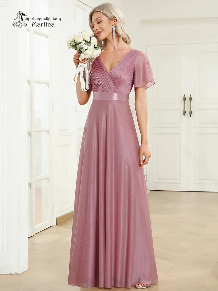 Starorůžové jemně třpytivé společenské šaty s volnými rukávy "Darien" - vel. 42