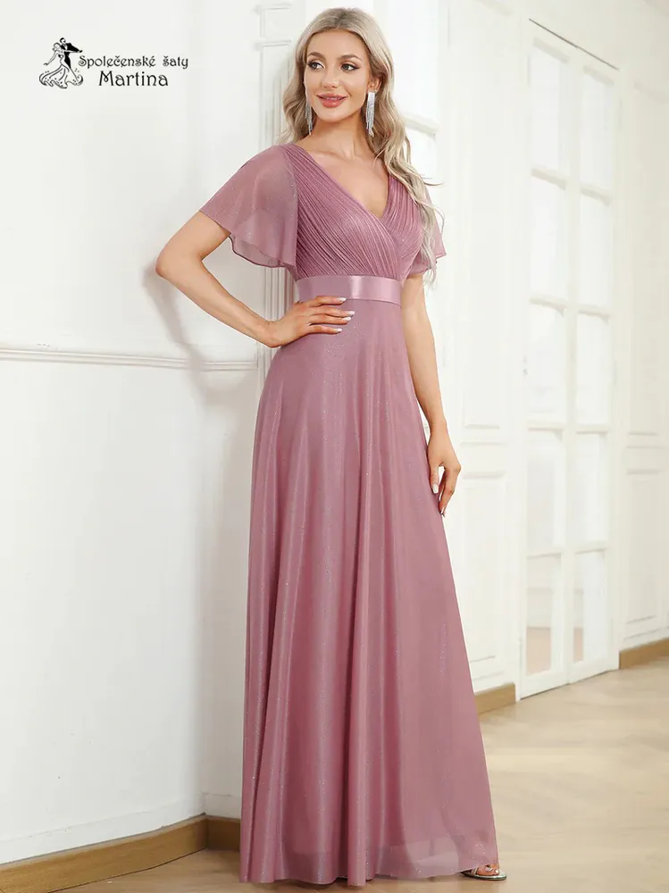 Starorůžové jemně třpytivé společenské šaty s volnými rukávy "Darien" - vel. 42