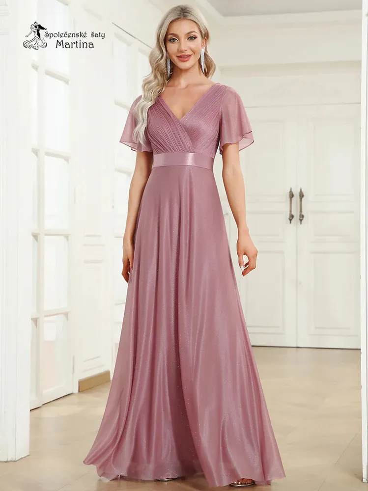 Starorůžové jemně třpytivé společenské šaty s volnými rukávy "Darien" - vel. 42