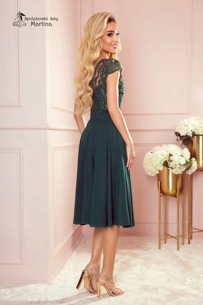 Lahvově zelené midi šaty "Suzette" s šifonovou sukní a krajkovým živůtkem - vel. XL