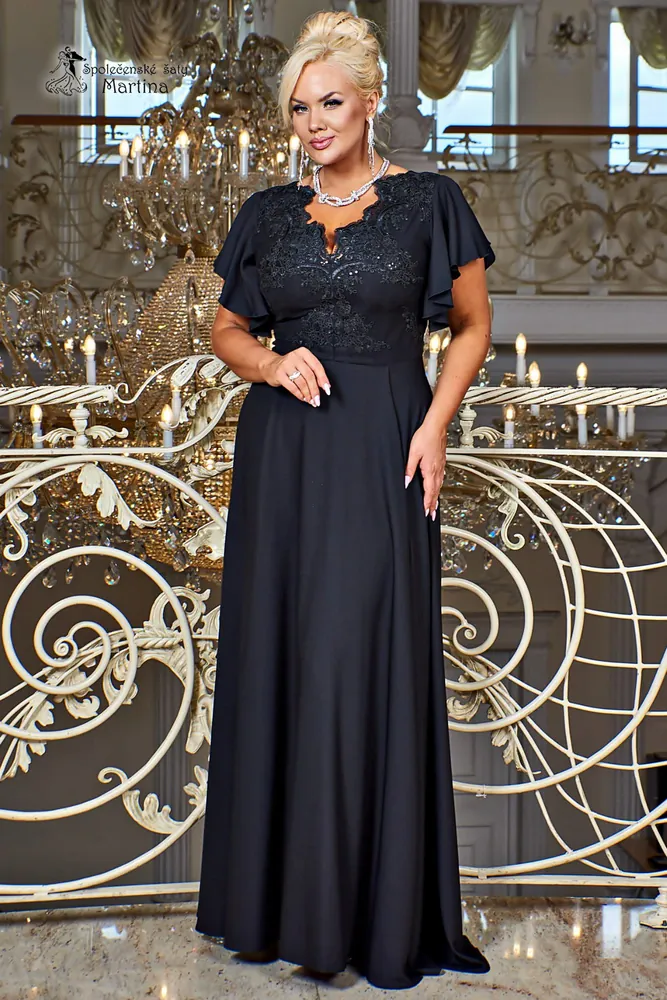 Černé hladké dlouhé šaty "Laura" s volným rukávem - vel. 38