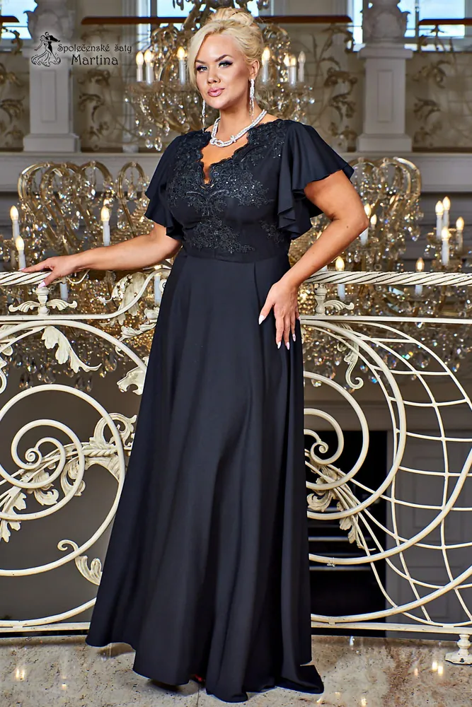 Černé hladké dlouhé šaty "Laura" s volným rukávem - vel. 38