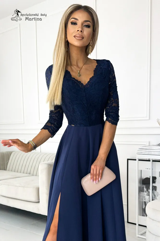 Dlouhé tmavě modré šaty "Amber" s krajkovým živůtkem a 3/4 rukávy - vel. M