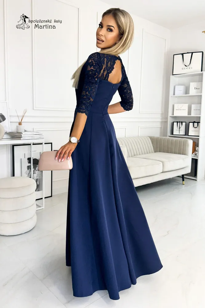 Dlouhé tmavě modré šaty "Amber" s krajkovým živůtkem a 3/4 rukávy - vel. XXL