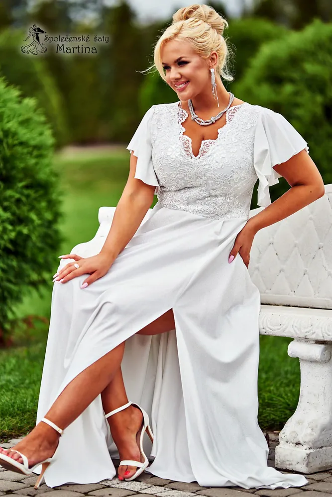 Bílé hladké dlouhé šaty "Laura" s volným rukávem - vel. 44