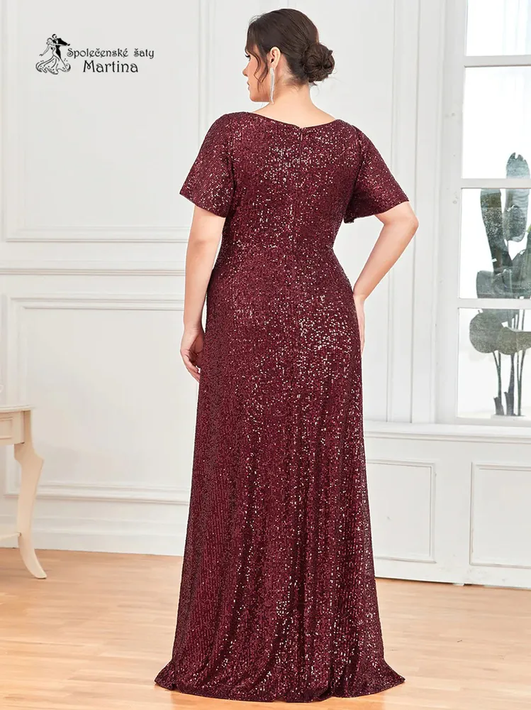 Vínové plus size flitrové večerní společenské šaty "Caris" - vel. 46