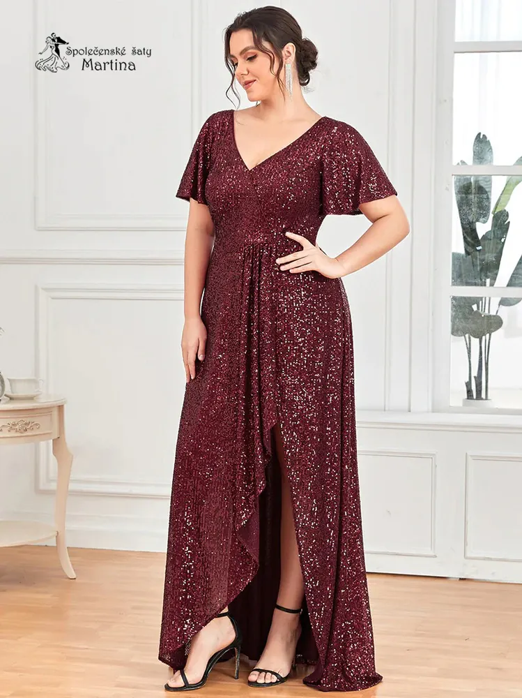 Vínové plus size flitrové večerní společenské šaty "Caris" - vel. 46