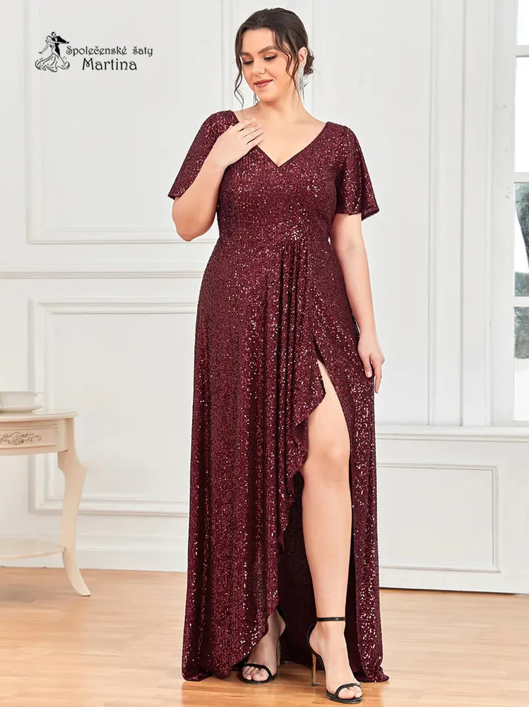 Vínové plus size flitrové večerní společenské šaty "Caris" - vel. 46