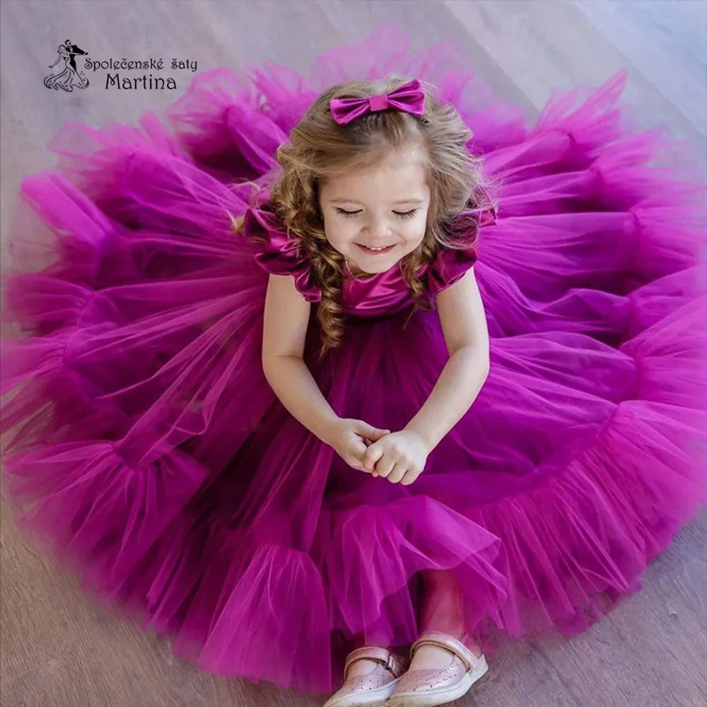 Fuchsiové krátké tylovo-saténové šatičky "Andělka" - vel. 110