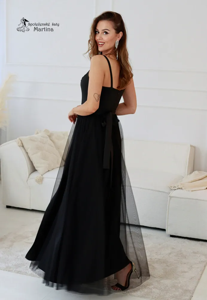 Dlouhé černé tylové společenské šaty "Babydoll" - vel. 38