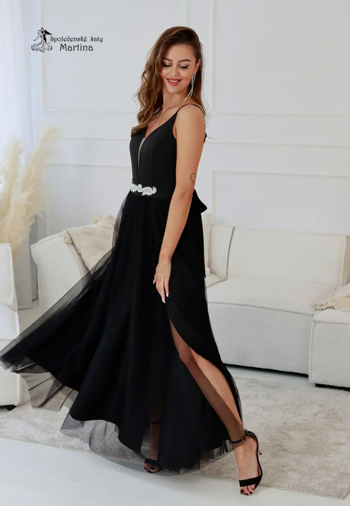 Dlouhé černé tylové společenské šaty "Babydoll" - vel. 38