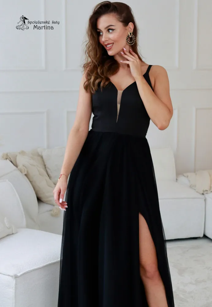 Dlouhé černé tylové společenské šaty "Babydoll" - vel. 38