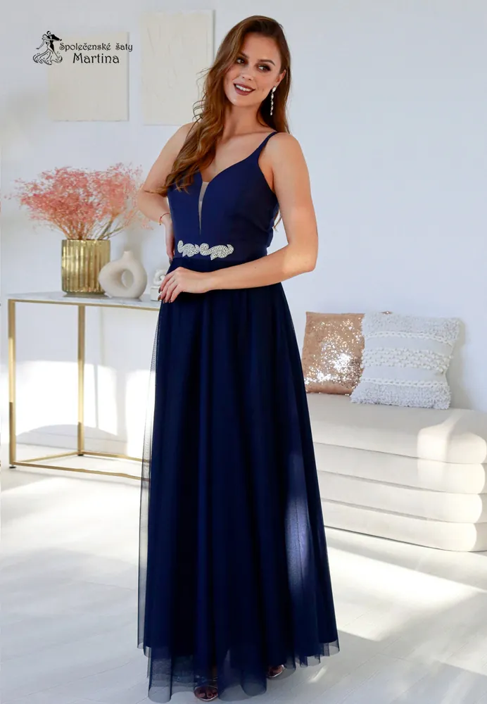 Dlouhé tmavě modré tylové společenské šaty "Babydoll" - vel. 34
