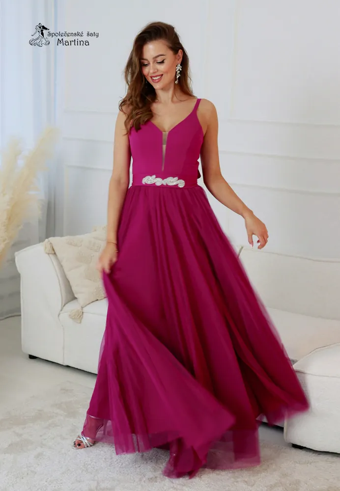 Dlouhé fuchsiové tylové společenské šaty "Babydoll" - vel. 36