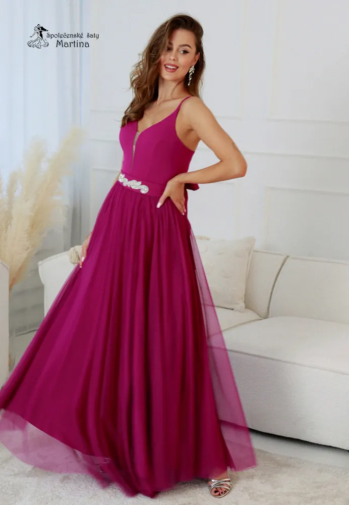 Dlouhé fuchsiové tylové společenské šaty "Babydoll" - vel. 36