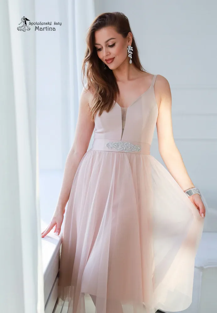 Midi starorůžové tylové šaty "Babydoll" pro svatebního hosta či družičku - vel. 42