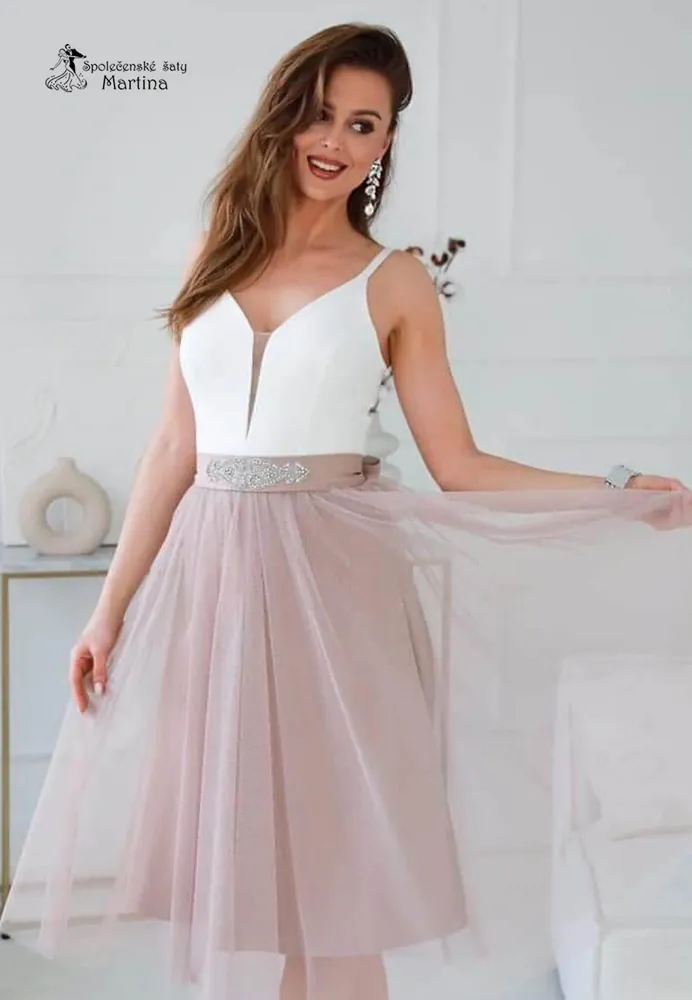 Midi bílo-starorůžové tylové šaty "Babydoll" pro svatebního hosta či družičku - vel. 36
