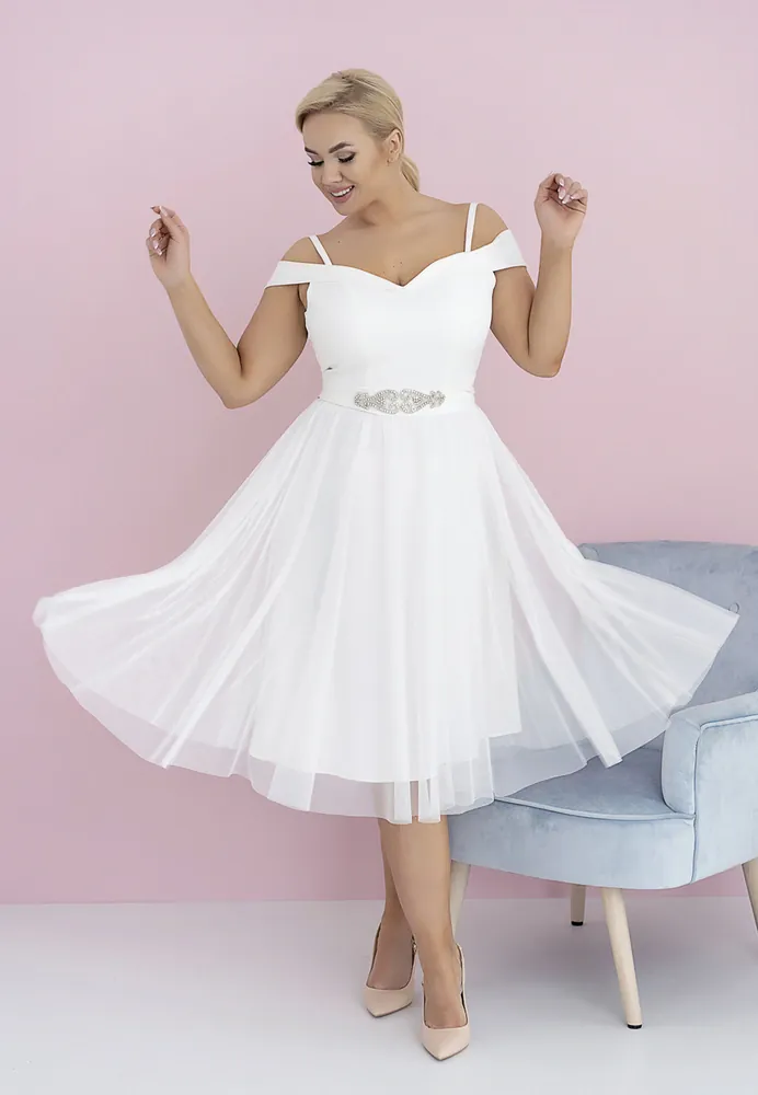 Midi bílé popůlnoční šaty "Daisy" se spadenými ramínky - vel. 36